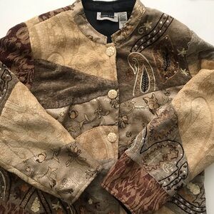 Maggie Barnes Neutral Patchwork Embroidered Blazer in Tan, Brown, Cream